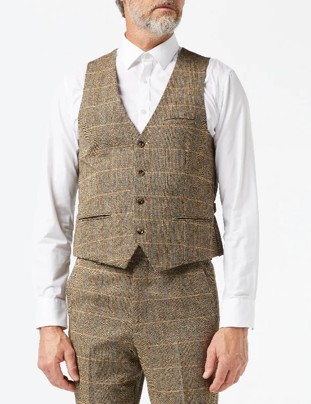 MENS TWEED TAN HERRINGBONE CHECKS TAILORED FIT WAISTCOAT