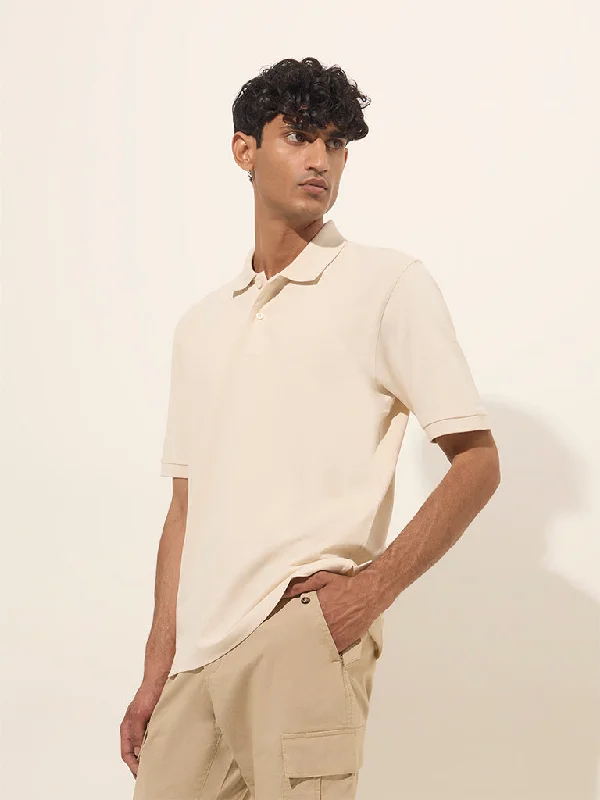 WES Casuals Off-White Relaxed-Fit Cotton Blend Polo T-Shirt