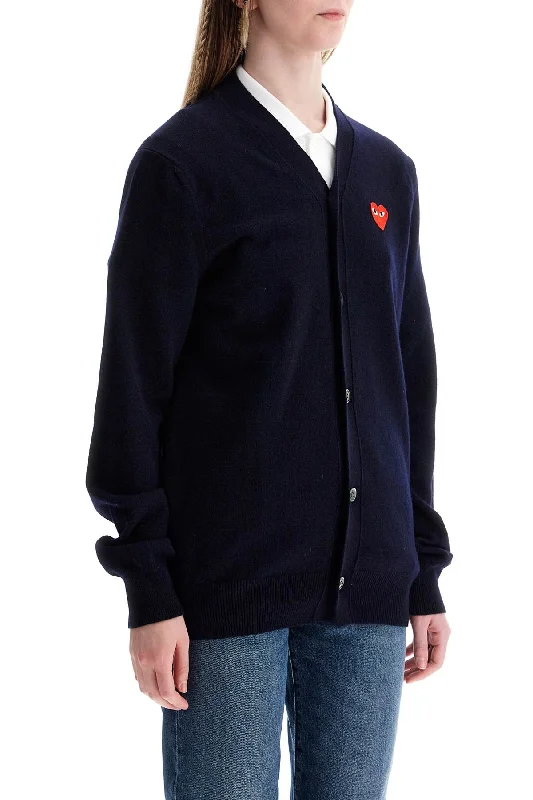 Comme Des Garcons Play Navy Blue Wool Cardigan With Embroidered Red Heart Unisex