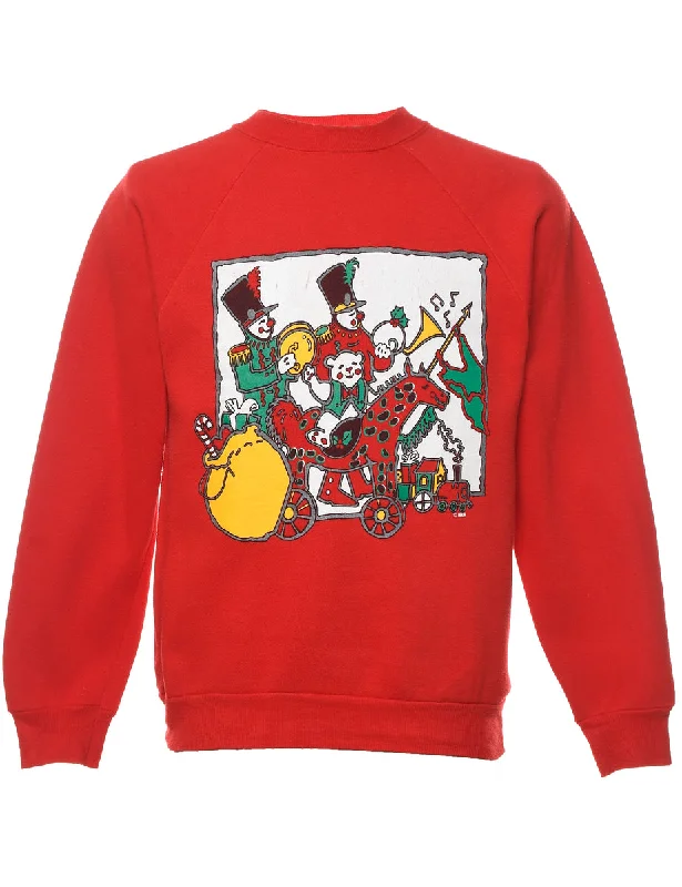 Red Printed Christmas Sweatshirt  - M