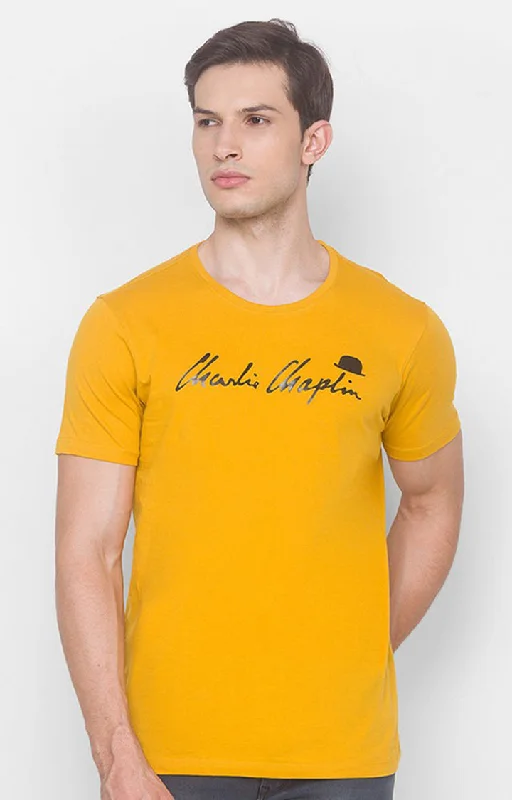 Charlie Chaplin Spykar Men Mustard Cotton Slim Fit Round Neck Printed T-Shirt