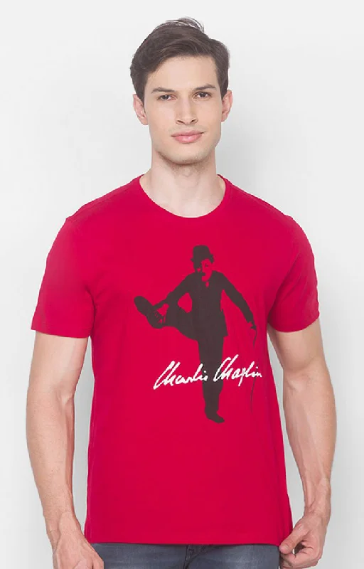 Charlie Chaplin Spykar Men Red Cotton Slim Fit Round Neck Printed T-Shirt