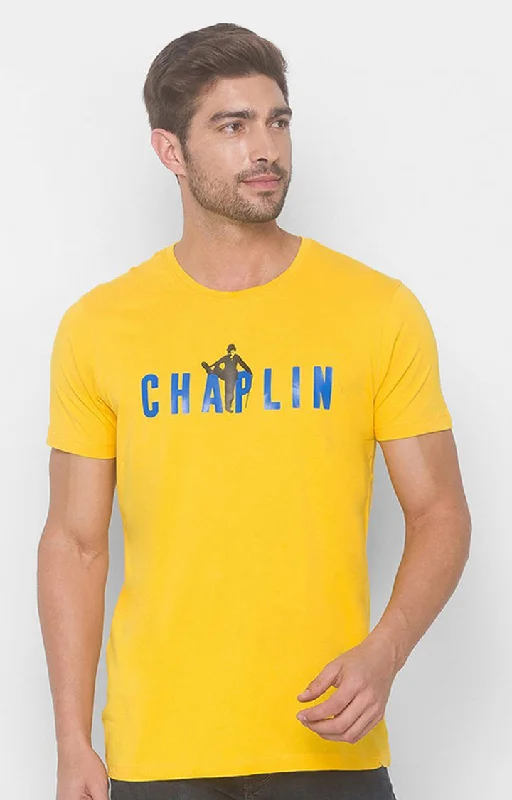 Charlie Chaplin Spykar Men Chrome Yellow Cotton Slim Fit Round Neck Printed T-Shirt