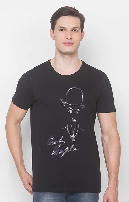 Charlie Chaplin Spykar Men Black Cotton Slim Fit Round Neck Printed T-Shirt