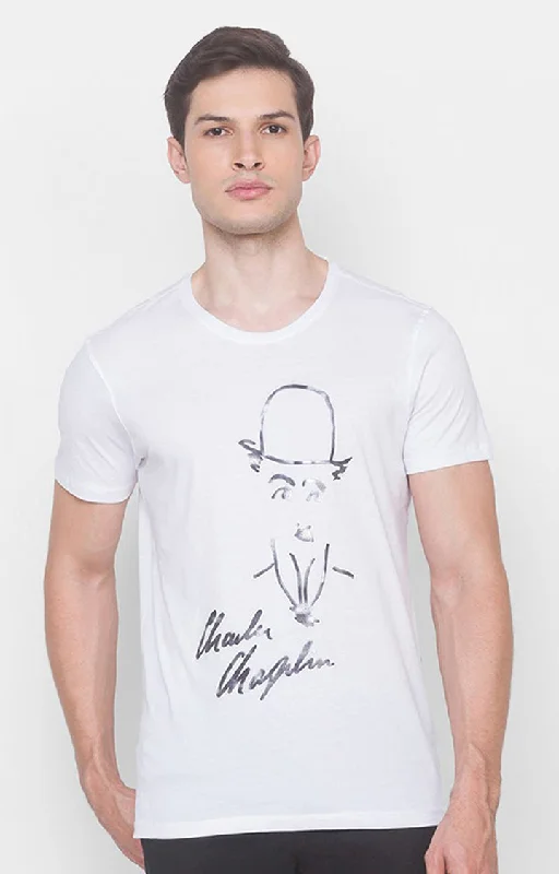 Charlie Chaplin Spykar Men White Cotton Slim Fit Round Neck Printed T-Shirt