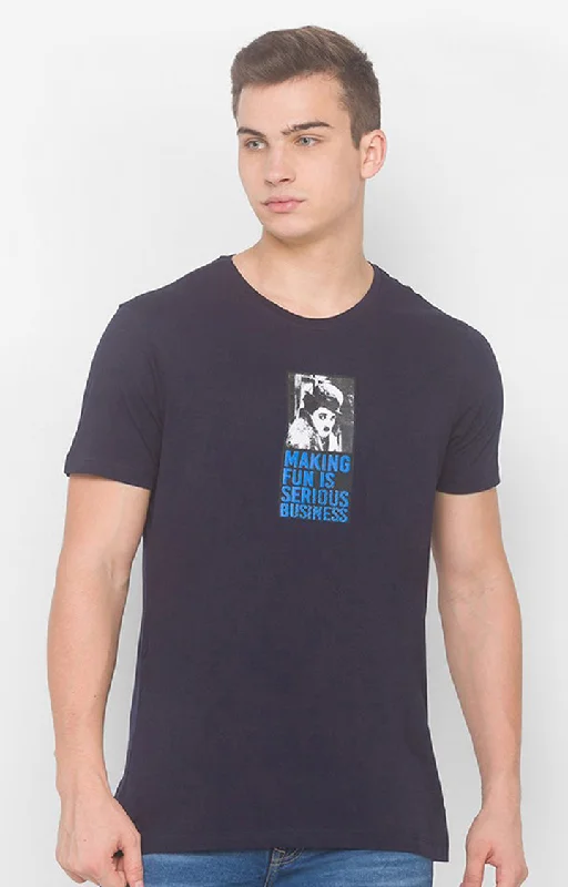 Charlie Chaplin Spykar Men Navy Blue Cotton Slim Fit Round Neck Printed T-Shirt