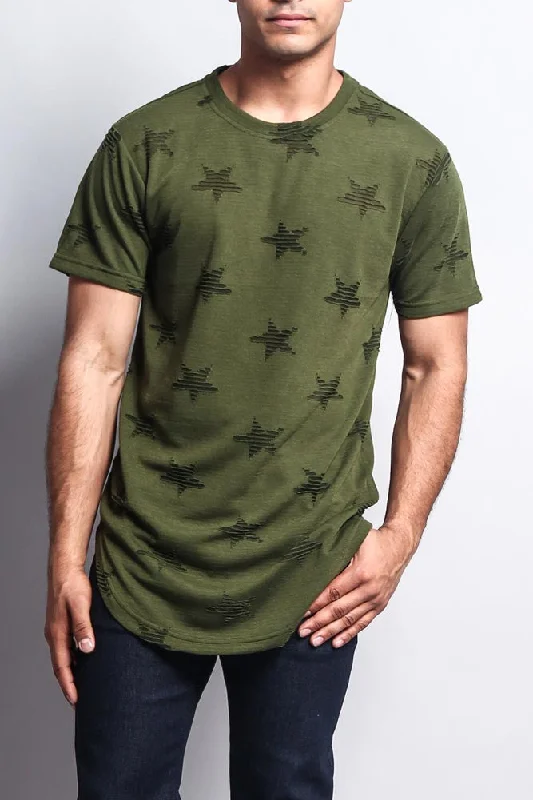 Cutout Jacquard Star Pattern Extended Length T-Shirt