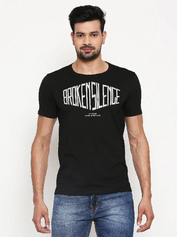 Spykar Men Black Cotton Slim Fit Half Sleeve Printed T-Shirt