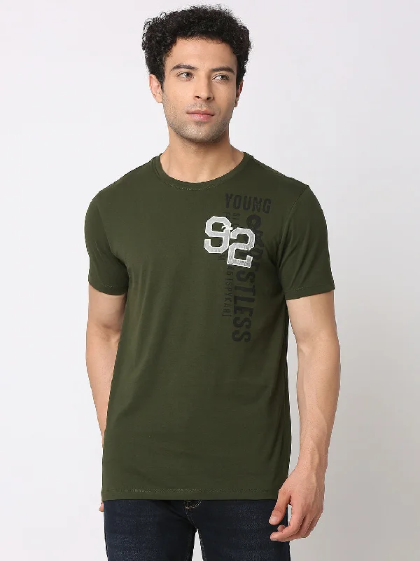 Spykar Men Olive Green Cotton Slim Fit Round Neck Printed T-Shirt