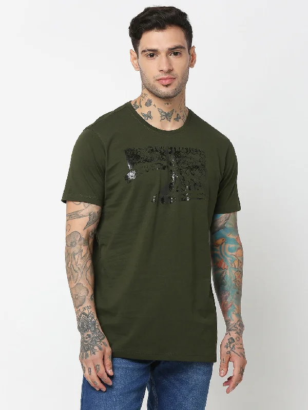 Spykar Men Olive Green Cotton Slim Fit Round Neck Printed T-Shirt