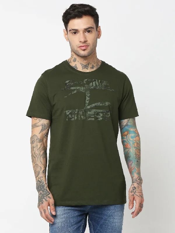 Spykar Men Olive Green Cotton Slim Fit Round Neck Printed T-Shirt