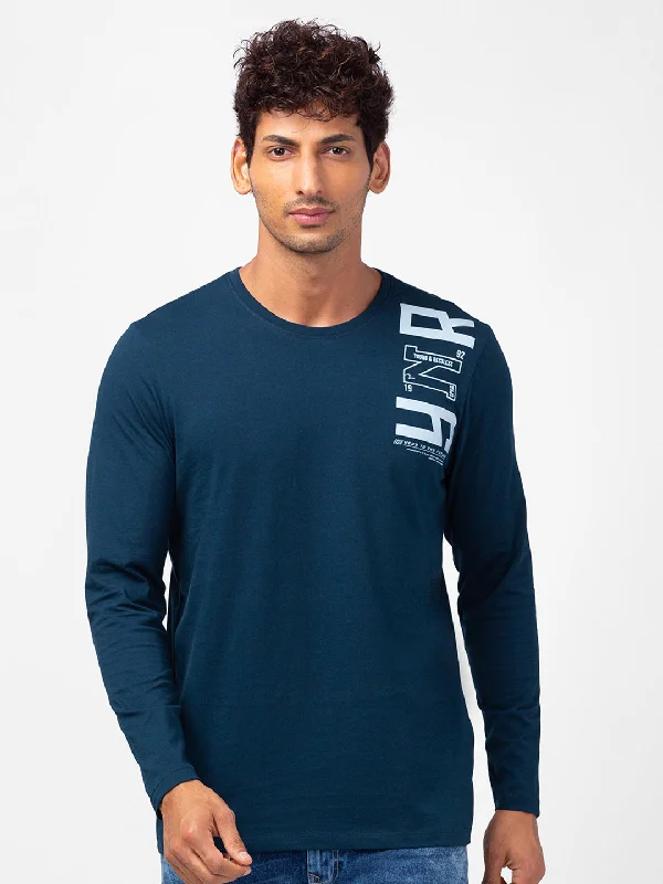 Spykar Men Teal Blue Cotton Slim Fit Round Neck Printed T-Shirt