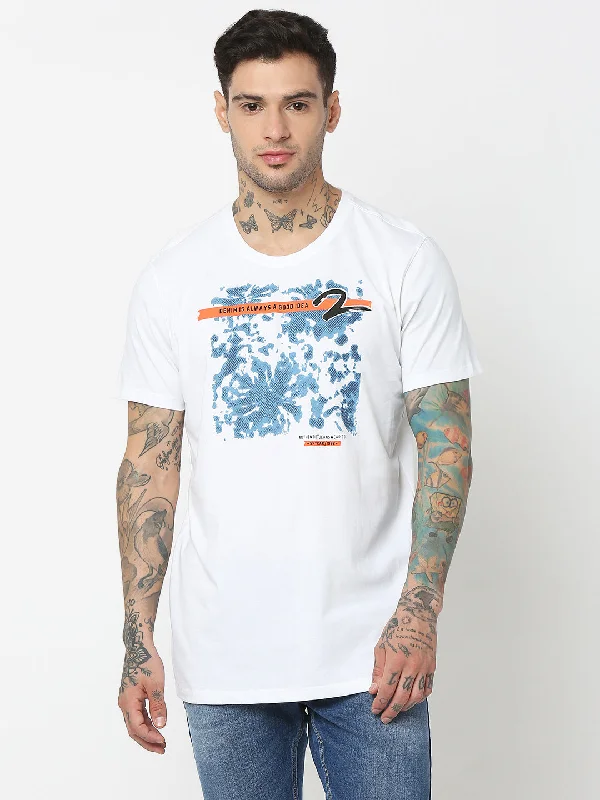 Spykar Men White Cotton Slim Fit Round Neck Printed T-Shirt