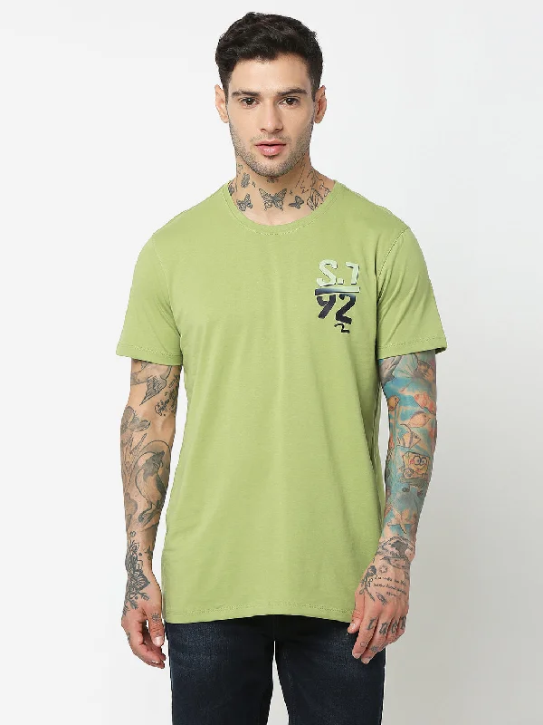 Spykar Men Dusty Green Cotton Slim Fit Round Neck Plain T-Shirt