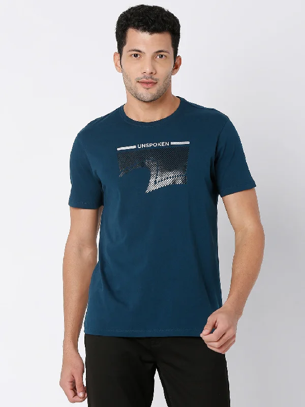 Spykar Teal Blue Cotton Half Sleeve Printed Casual T-Shirt For Men