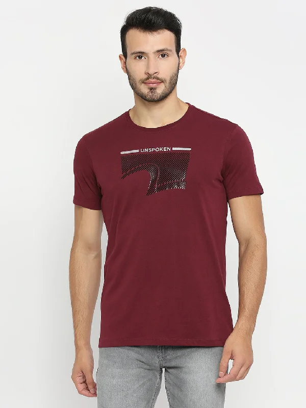 Spykar Wine Cotton Half Sleeve Printed Casual T-Shirt For Men