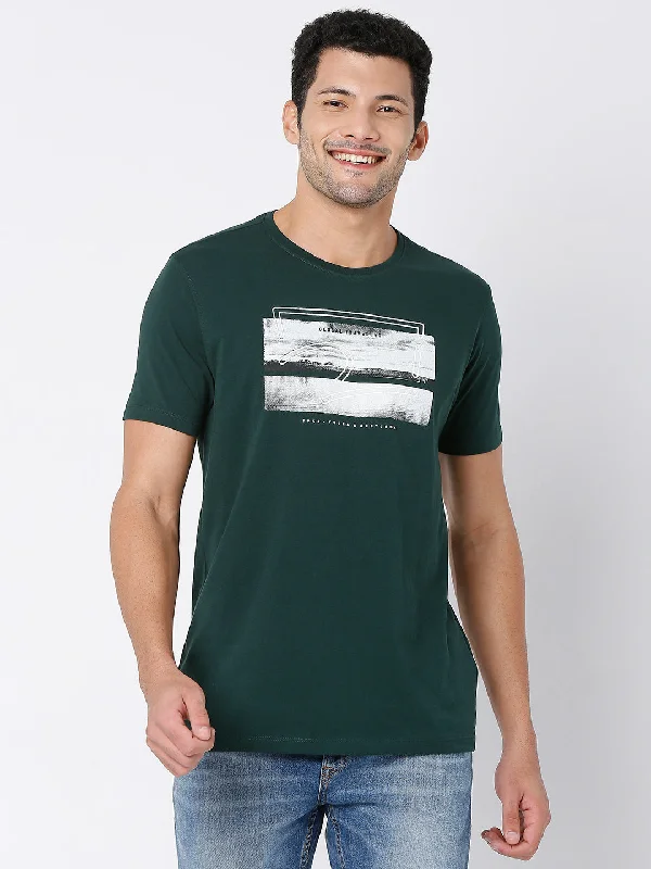 Spykar Bottle Green Cotton Half Sleeve Printed Casual T-Shirt For Men