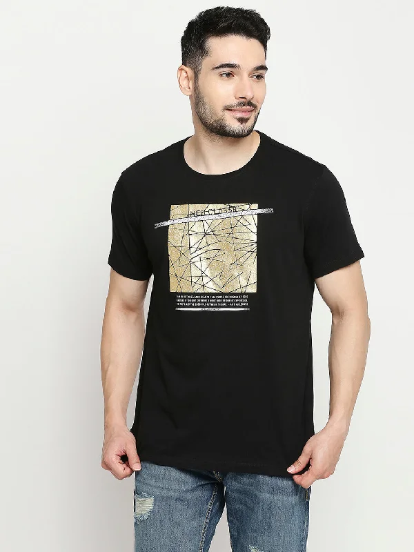 Spykar Black Cotton Half Sleeve Printed Casual T-Shirt For Men