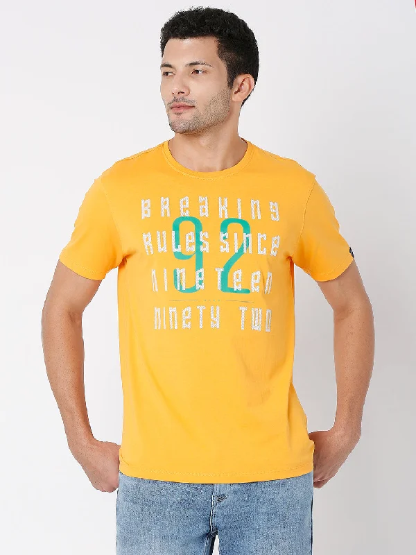 Spykar Gold Yellow Cotton Half Sleeve Printed Casual T-Shirt For Men