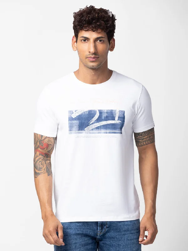 Spykar Men White Cotton Regular Fit Half Sleeve Printed T-Shirt