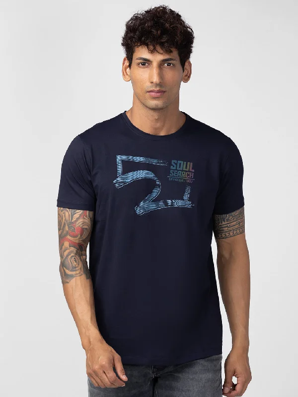 Spykar Men Navy Blue Cotton Regular Fit Half Sleeve Printed T-Shirt