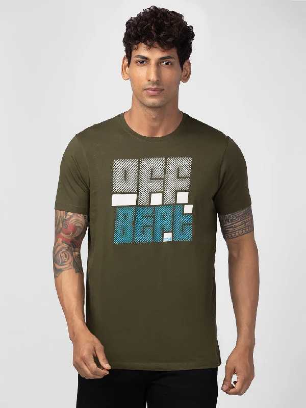 Spykar Men Rifle Green Cotton Regular Fit Half Sleeve Printed T-Shirt