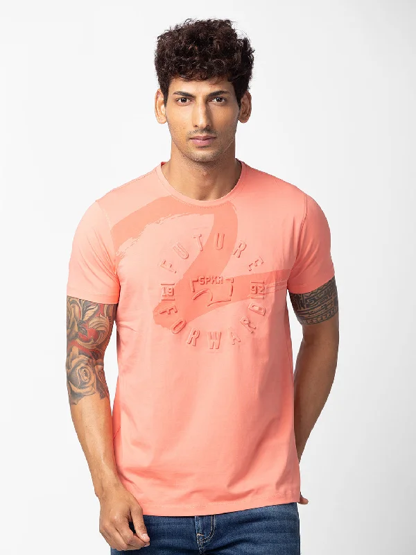 Spykar Men Peach Cotton Regular Fit Half Sleeve Printed T-Shirt