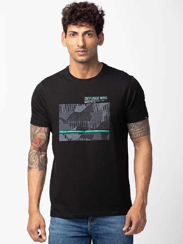 Spykar Men Black Cotton Regular Fit Half Sleeve Printed T-Shirt