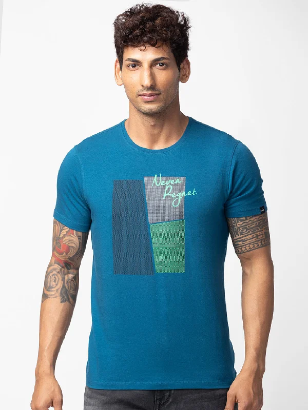 Spykar Men Light Teal Blue Cotton Regular Fit Half Sleeve Printed T-Shirt