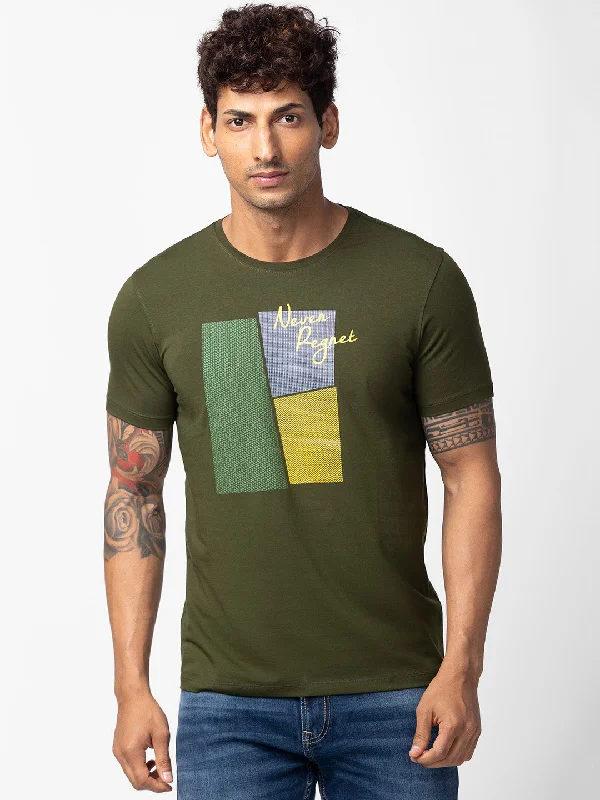 Spykar Men Rifle Green Cotton Regular Fit Half Sleeve Printed T-Shirt