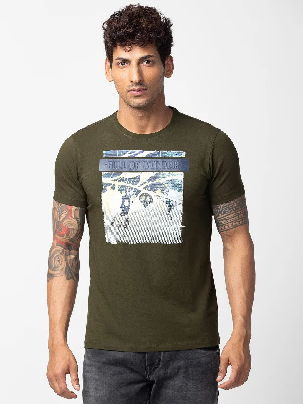 Spykar Men Rifle Green Cotton Regular Fit Half Sleeve Printed T-Shirt