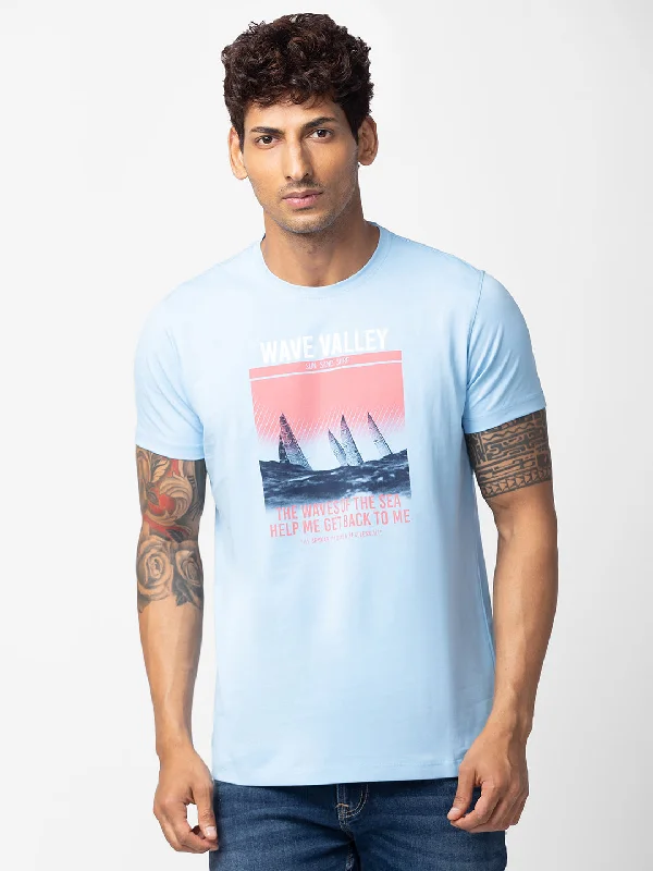 Spykar Men Powder Blue Cotton Regular Fit Half Sleeve Printed T-Shirt