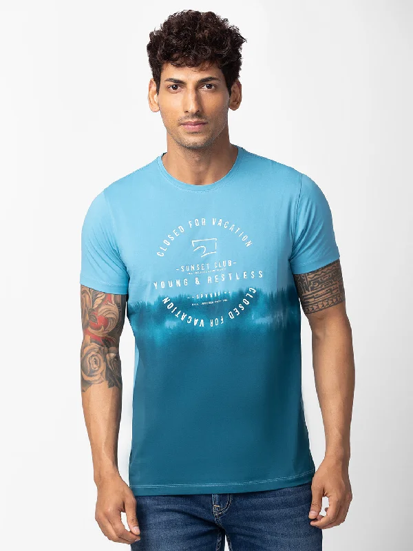 Spykar Men Haze Blue Cotton Regular Fit Half Sleeve Printed T-Shirt