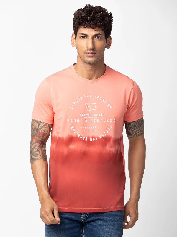 Spykar Men Peach Cotton Regular Fit Half Sleeve Printed T-Shirt