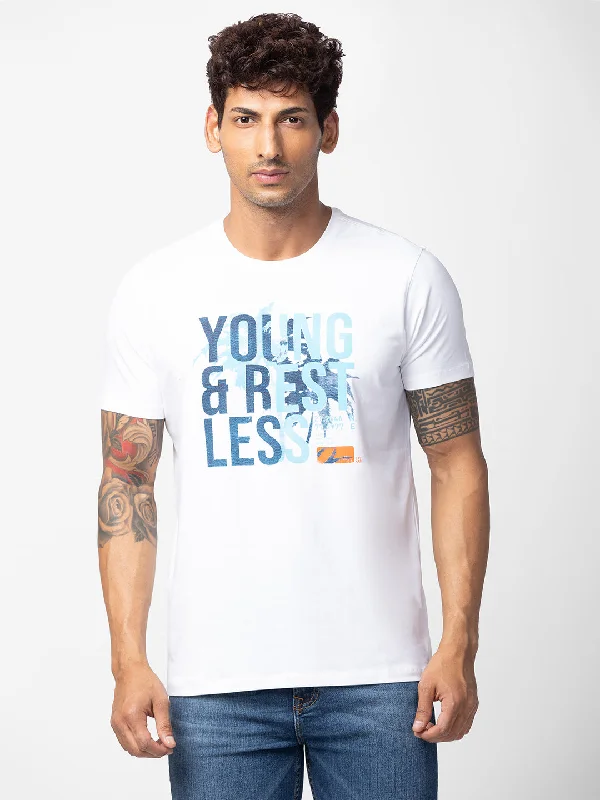 Spykar Men White Cotton Regular Fit Half Sleeve Printed T-Shirt