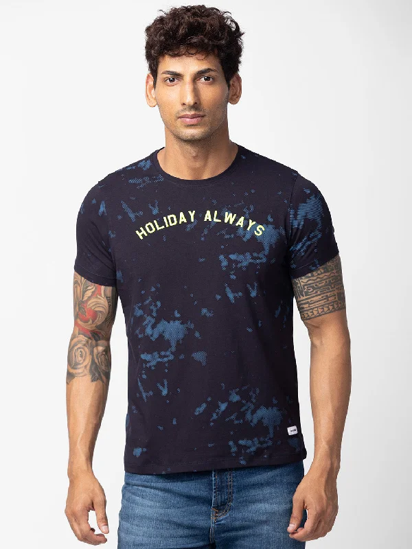 Spykar Men Navy Blue Cotton Regular Fit Half Sleeve Printed T-Shirt