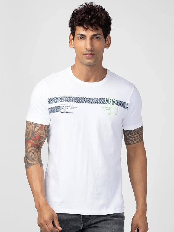 Spykar Men White Cotton Regular Fit Half Sleeve Printed T-Shirt