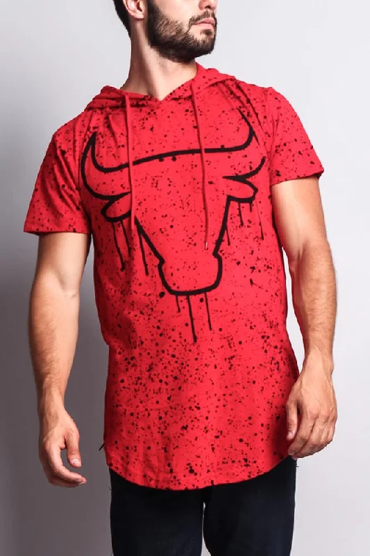 Paint Splattered Bull Logo Long Length Curved Hem Hooded T-Shirt