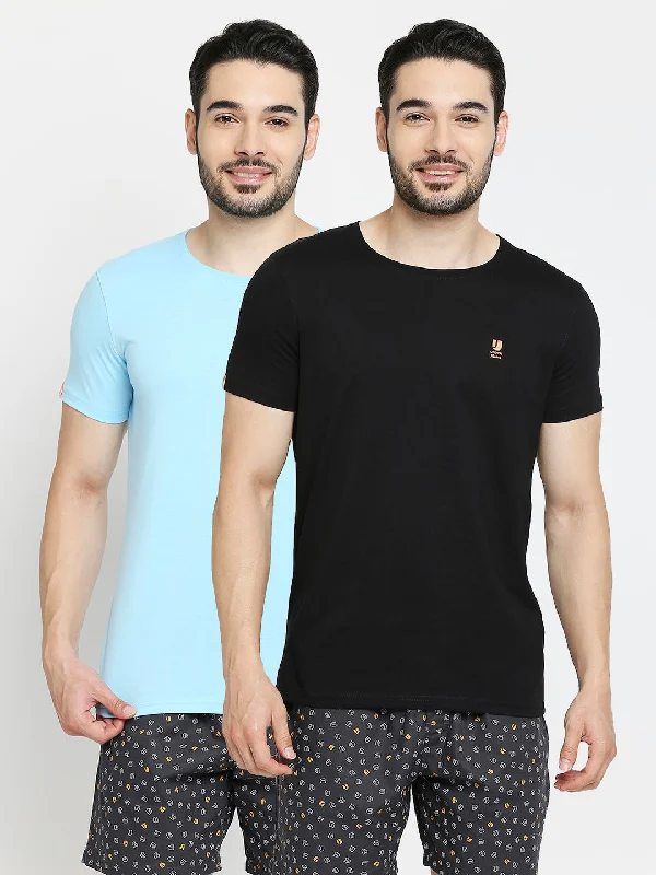 Men Premium Black & Blue Cotton Regular Fit Round Neck T-Shirts - Pack Of 2- Underjeans By Spykar