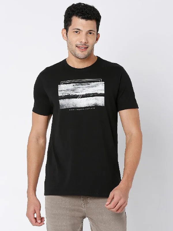 Spykar Black Cotton Half Sleeve Printed Casual T-Shirt For Men