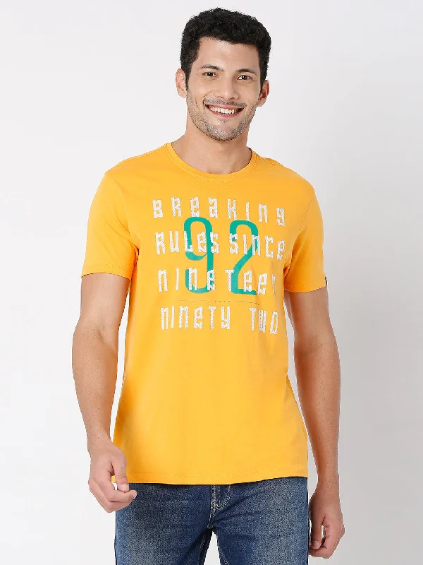 Spykar Gold Yellow Cotton Half Sleeve Printed Casual T-Shirt For Men